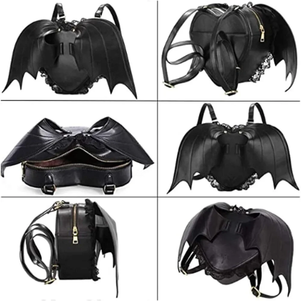 Women Girl Punk Backpack PU Leather Heart Bat Wing Goth Lolita Shoulder Bag